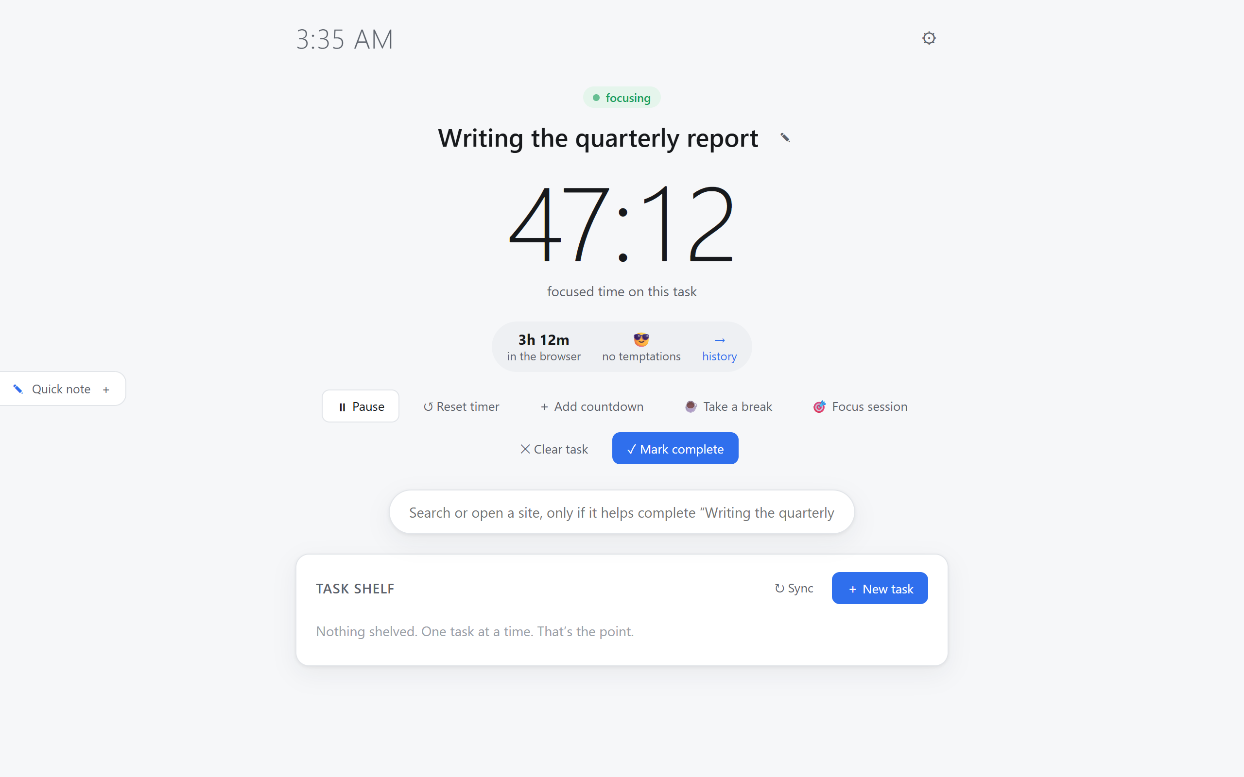 The AttentionPro dashboard in Chrome, timing a task.